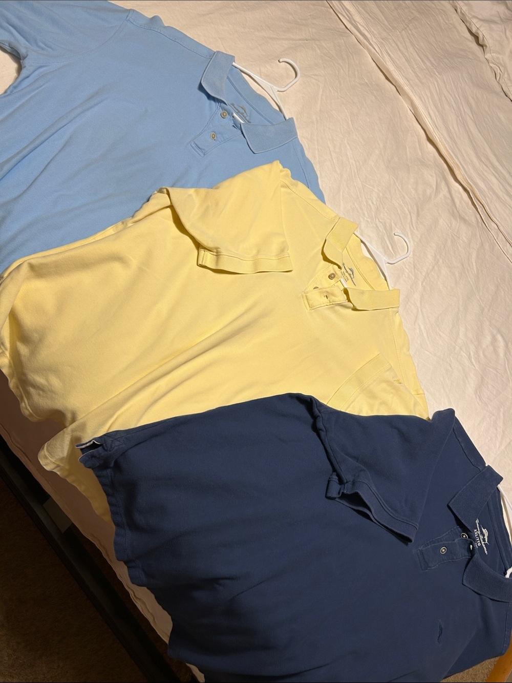 Three Classic Polo Shirts - Light Blue, Pale Yellow, Navy all 3